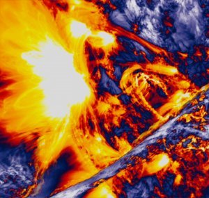This is a gradient filter image of a solar flare caught by NASA’s Solar Dynamics Observatory (SDO). Beyond generating beautiful art, viewing the Sun in this way is very useful from a scientific perspective. The red-orange features are constrained coronal loops of solar material revealing the structure and dynamics of Sun’s magnetic field lines.